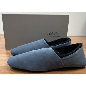 Mr Porter Mr P Suede Slippers Blue Size 11 Mens Slip-on Faux Fur Lined NEW